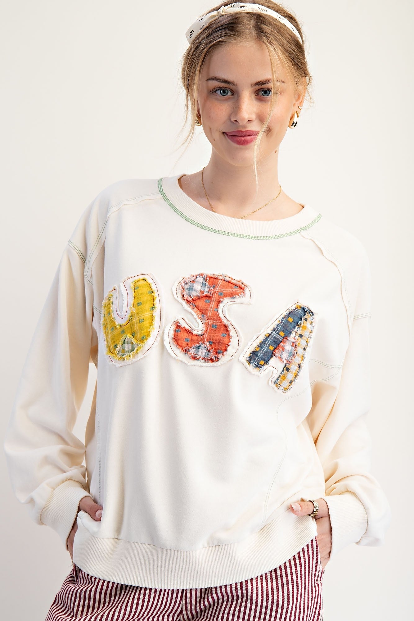 Easel Soft Washed Terry Knit Sweatshirt with Mixed Print USA Patched Front in Ivory
