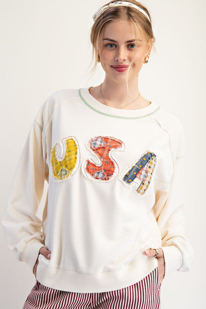 Easel Soft Washed Terry Knit Sweatshirt with Mixed Print USA Patched Front in Ivory