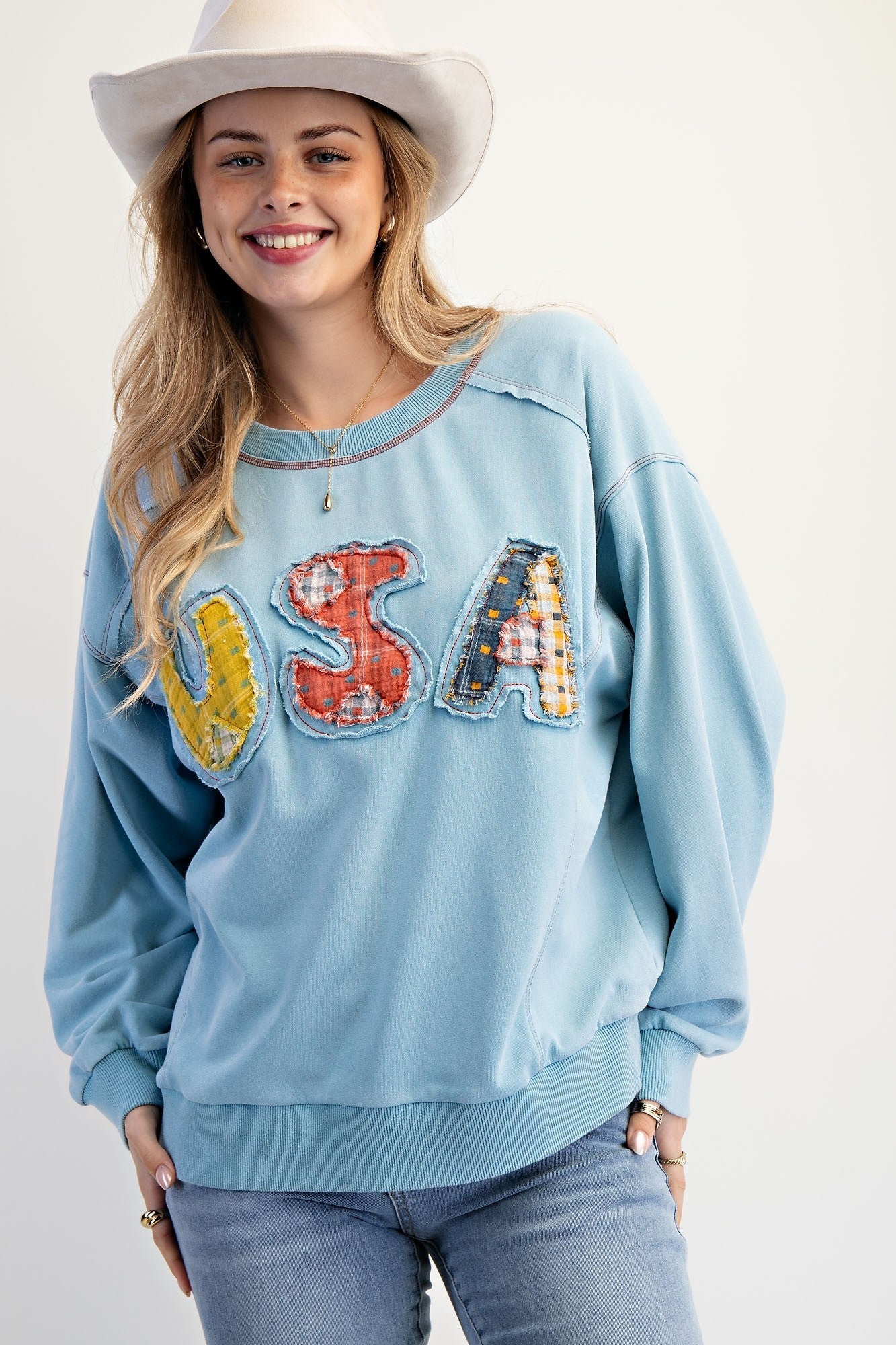 Easel Soft Washed Terry Knit Sweatshirt with Mixed Print USA Patched Front in Dusk Blue