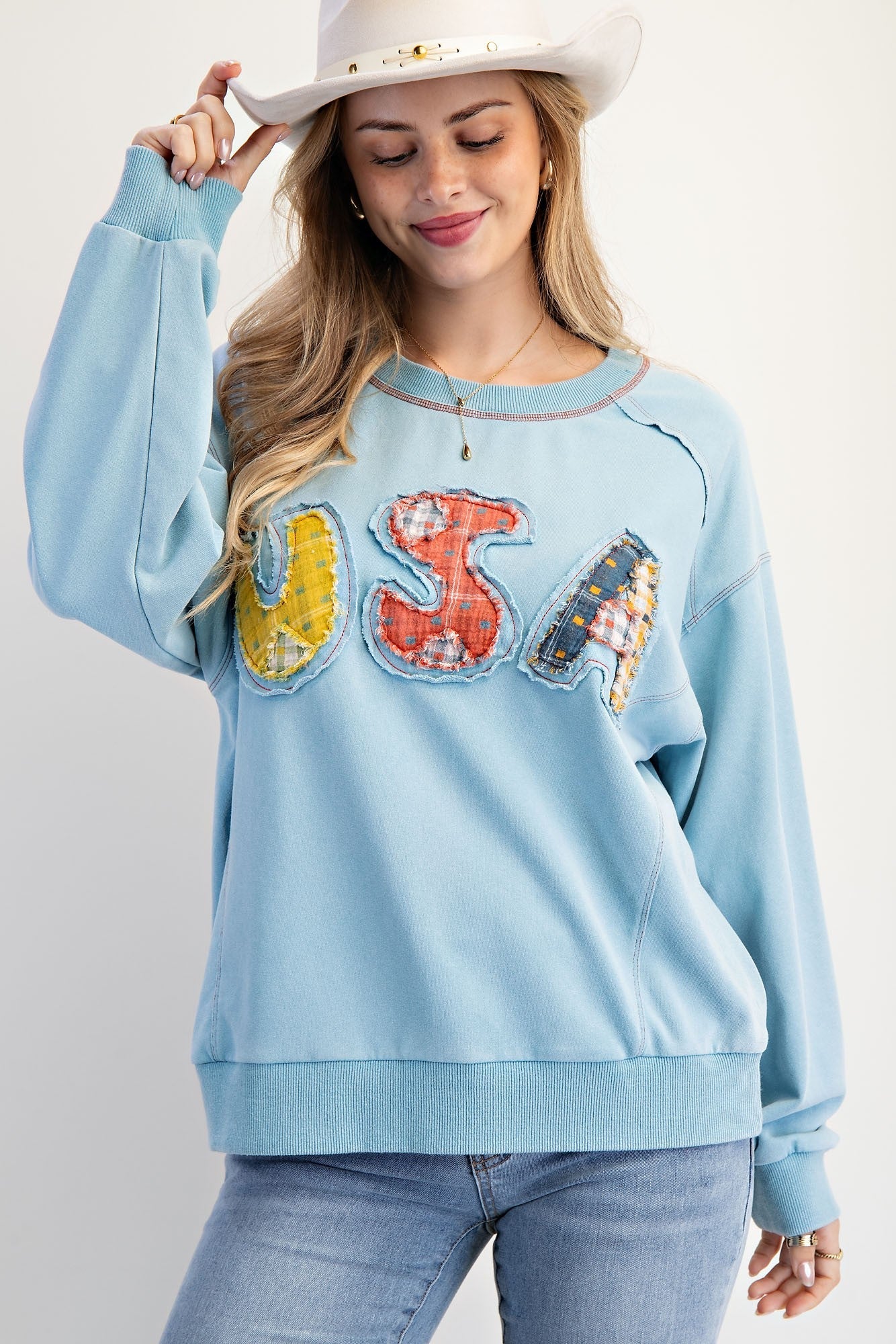 Easel Soft Washed Terry Knit Sweatshirt with Mixed Print USA Patched Front in Dusk Blue