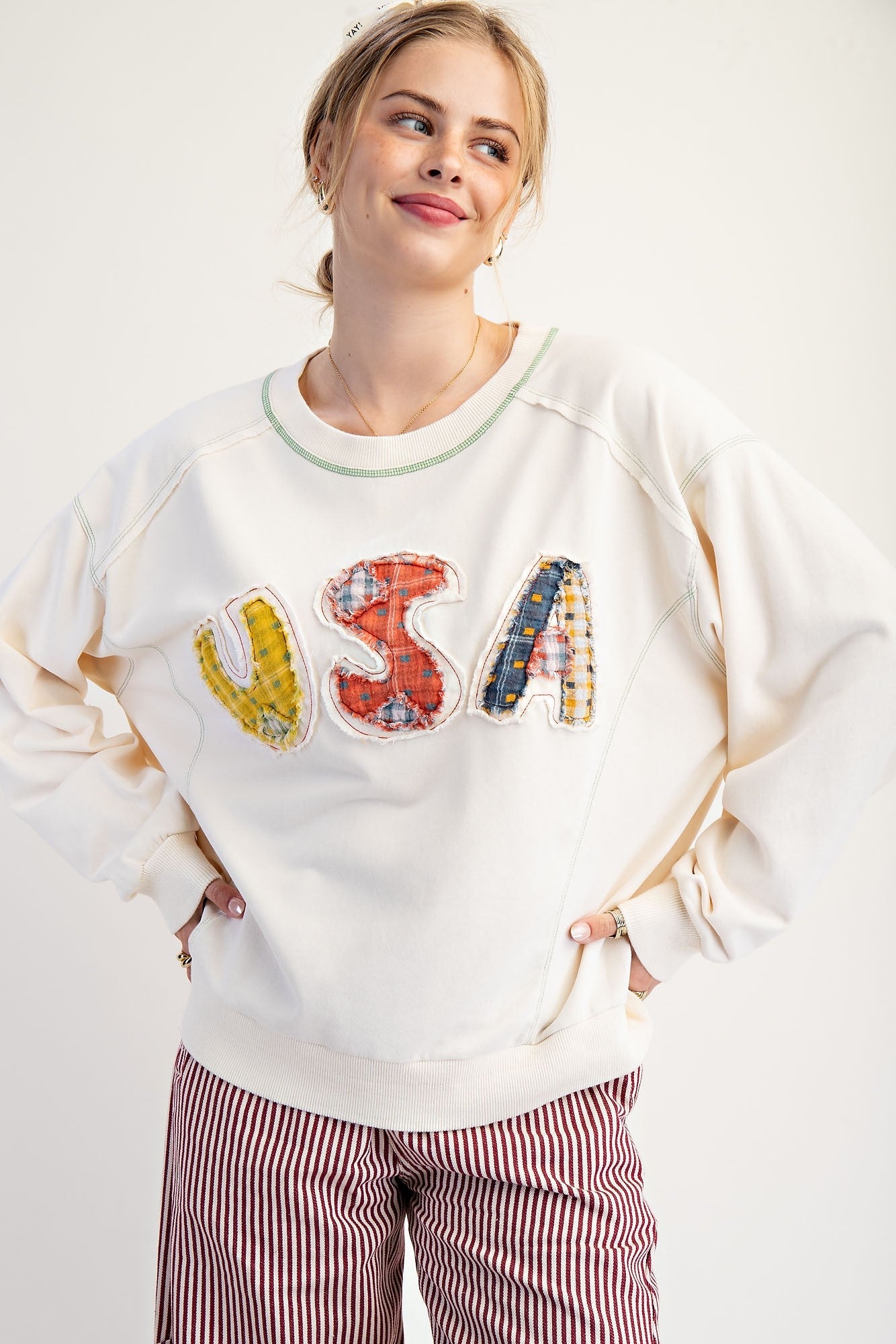 Easel Soft Washed Terry Knit Sweatshirt with Mixed Print USA Patched Front in Ivory