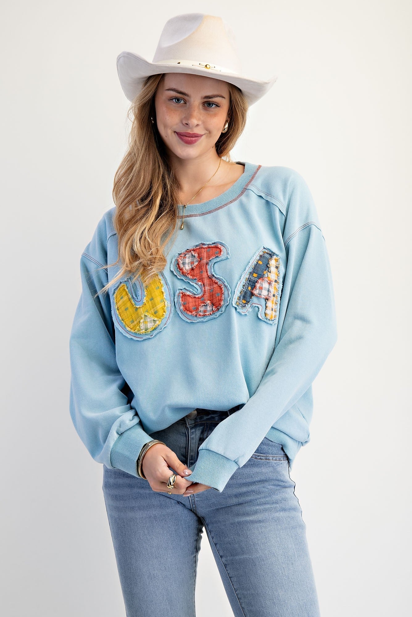 Easel Soft Washed Terry Knit Sweatshirt with Mixed Print USA Patched Front in Dusk Blue
