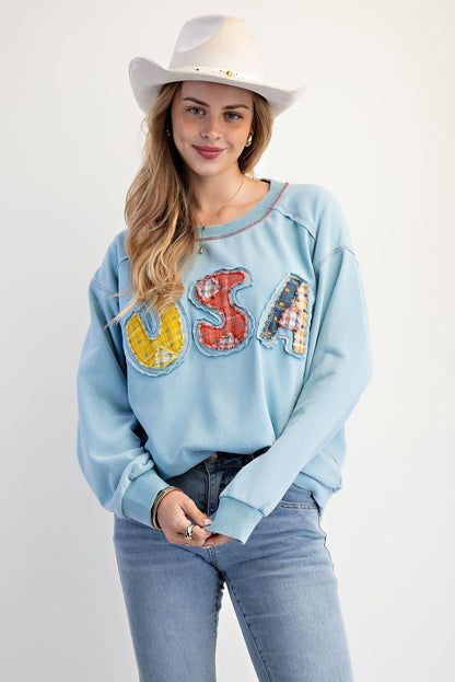Easel Soft Washed Terry Knit Sweatshirt with Mixed Print USA Patched Front in Dusk Blue