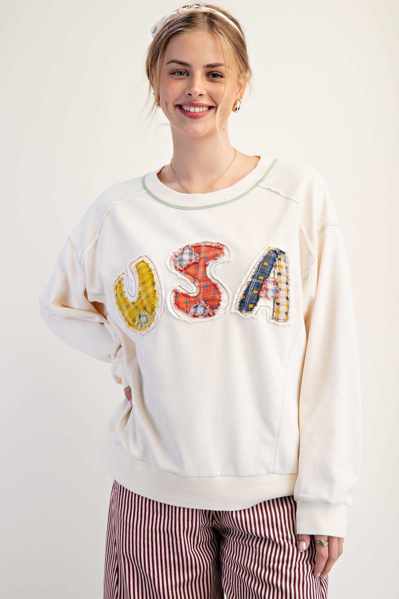 Easel Soft Washed Terry Knit Sweatshirt with Mixed Print USA Patched Front in Ivory