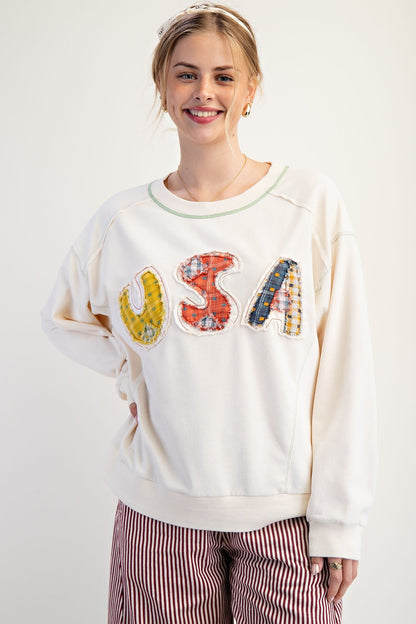 Easel Soft Washed Terry Knit Sweatshirt with Mixed Print USA Patched Front in Ivory