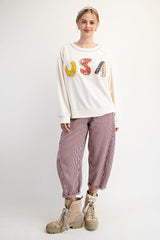 Easel Soft Washed Terry Knit Sweatshirt with Mixed Print USA Patched Front in Ivory
