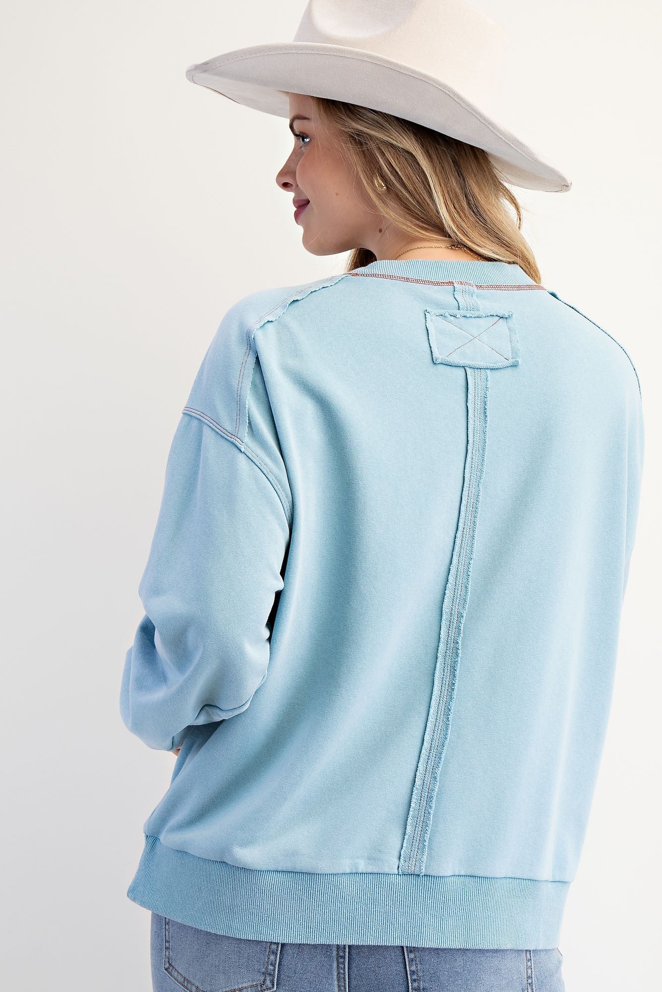 Easel Soft Washed Terry Knit Sweatshirt with Mixed Print USA Patched Front in Dusk Blue
