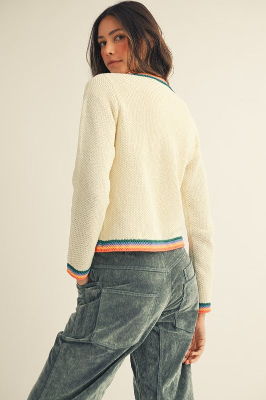 LovLov Knit Cardigan with Multi Colored Striped Trim in Ivory