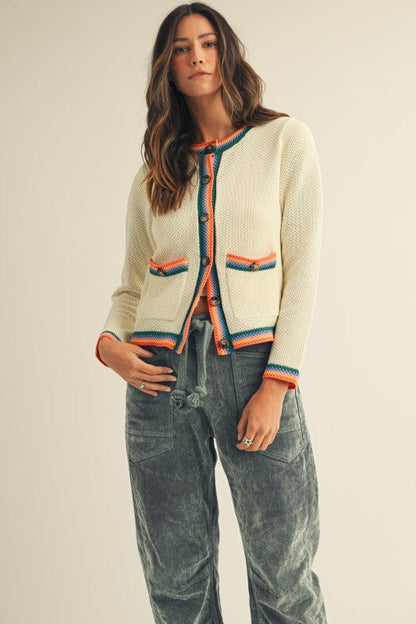 LovLov Knit Cardigan with Multi Colored Striped Trim in Ivory