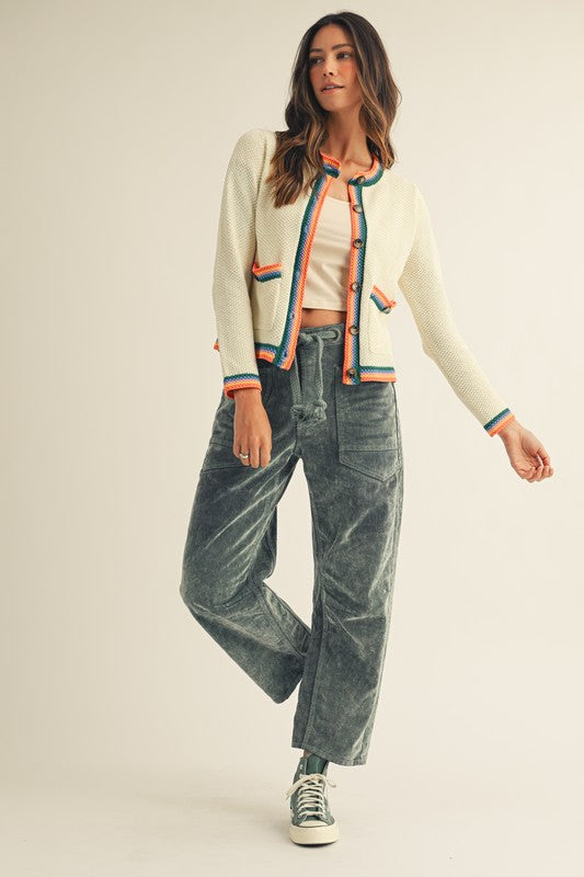 LovLov Knit Cardigan with Multi Colored Striped Trim in Ivory
