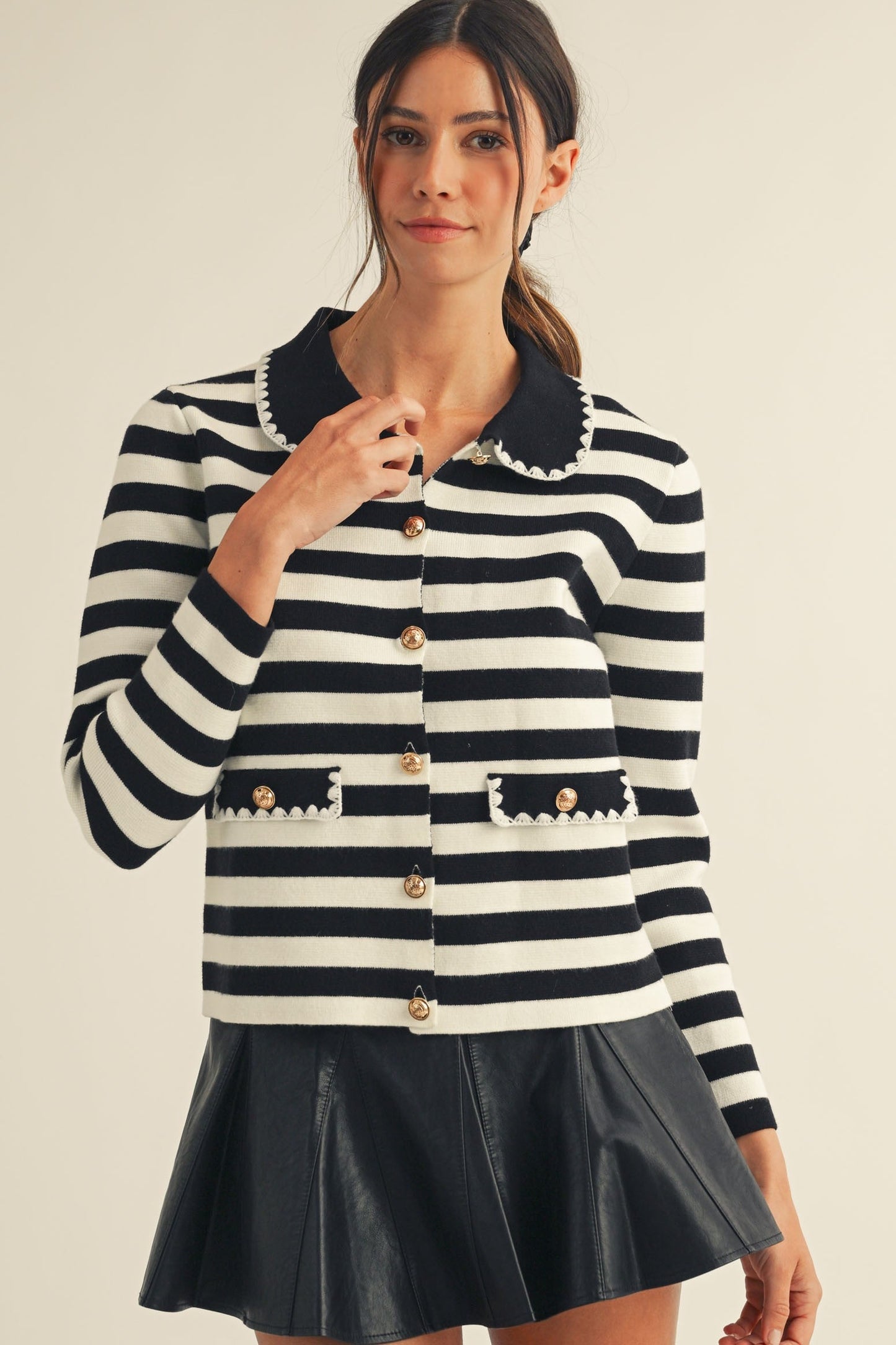 LovLov Luxe Antique Button Classic Cardigan in Lily White & Black