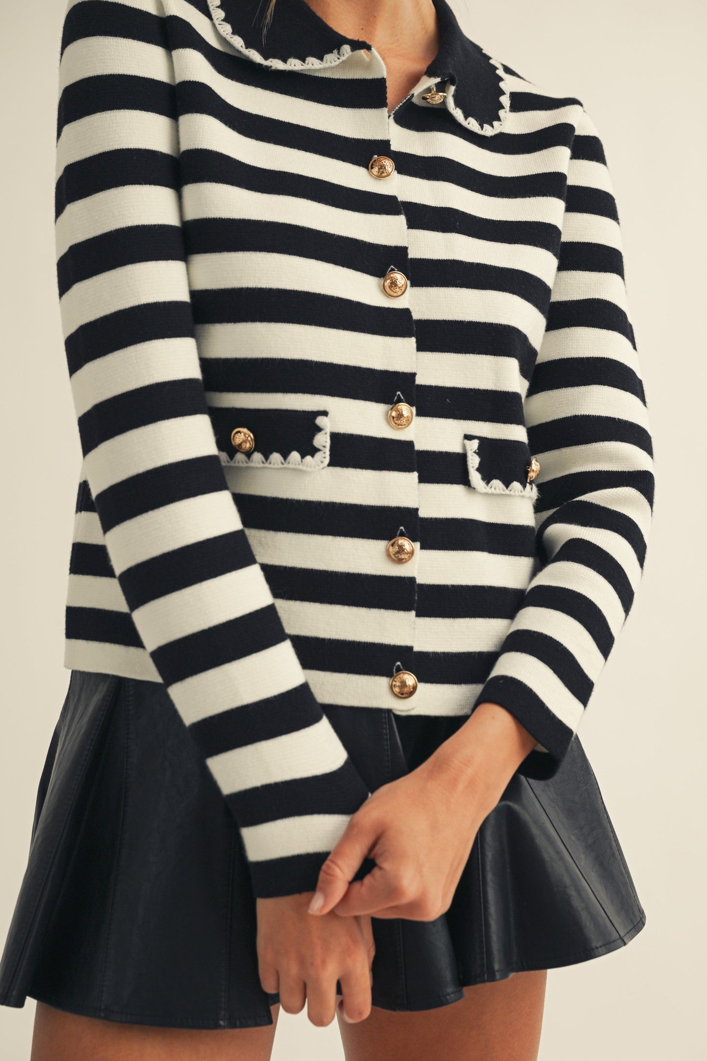 LovLov Luxe Antique Button Classic Cardigan in Lily White & Black
