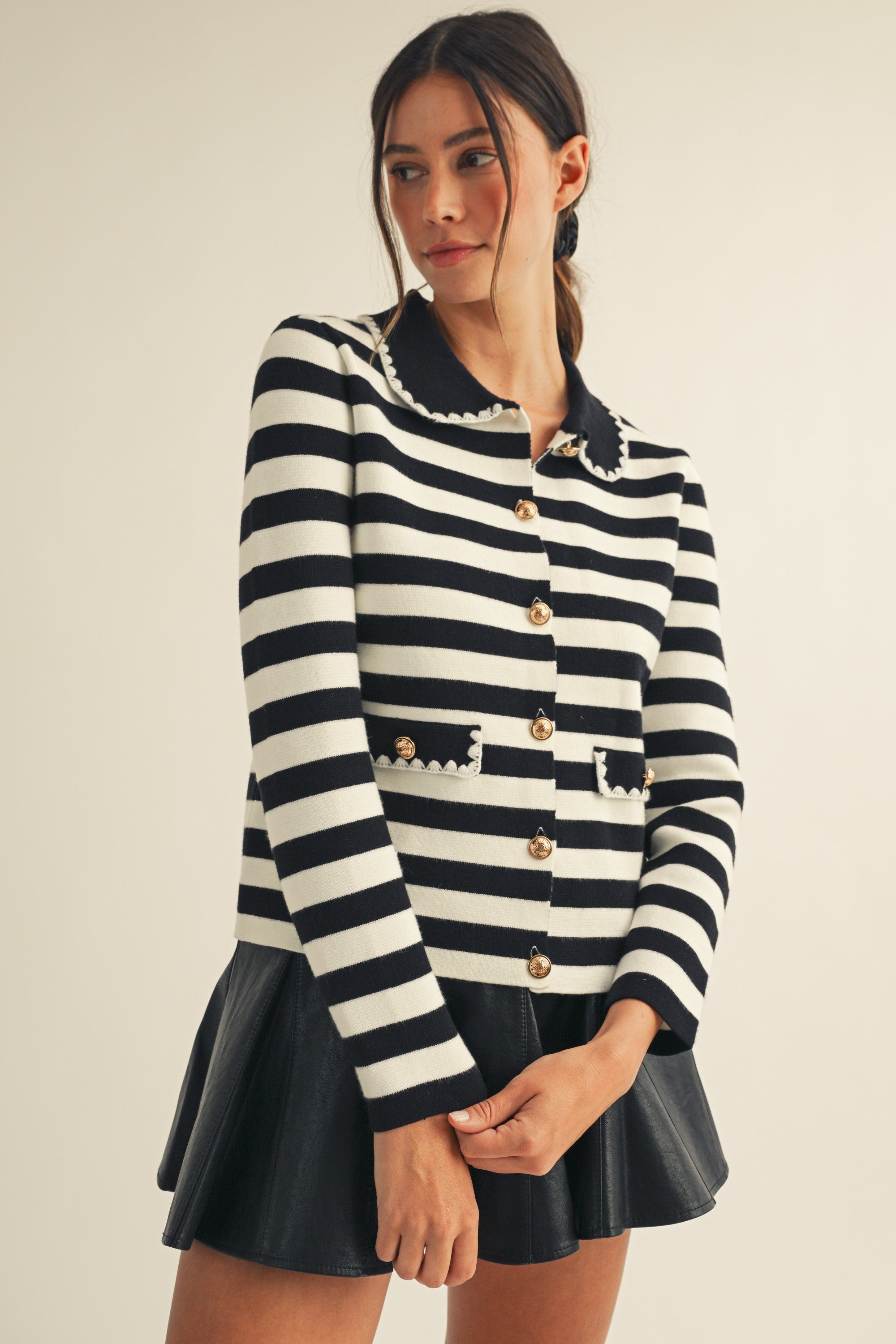 LovLov Luxe Antique Button Classic Cardigan in Lily White & Black