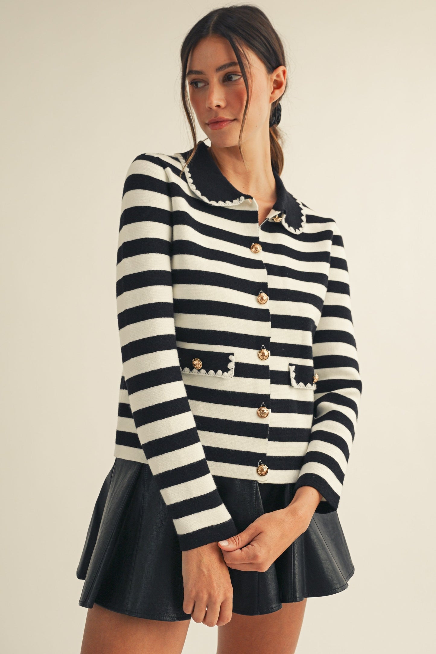 LovLov Luxe Antique Button Classic Cardigan in Lily White & Black
