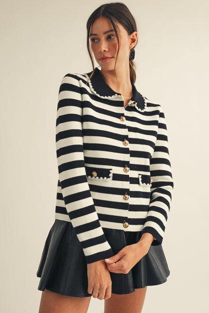 LovLov Luxe Antique Button Classic Cardigan in Lily White & Black
