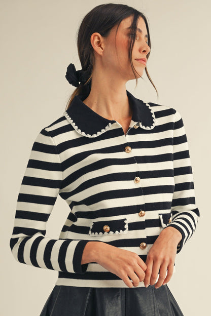 LovLov Luxe Antique Button Classic Cardigan in Lily White & Black