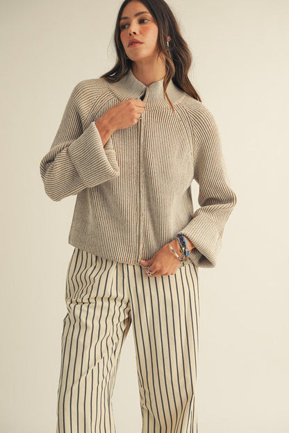 LovLov Textured Knit Front Zip Cardigan in Pefrified Wood
