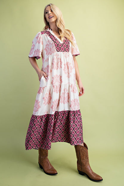 GiGio Mixed Print Tiered Midi Dress in Blush Mix