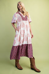 GiGio Mixed Print Tiered Midi Dress in Blush Mix