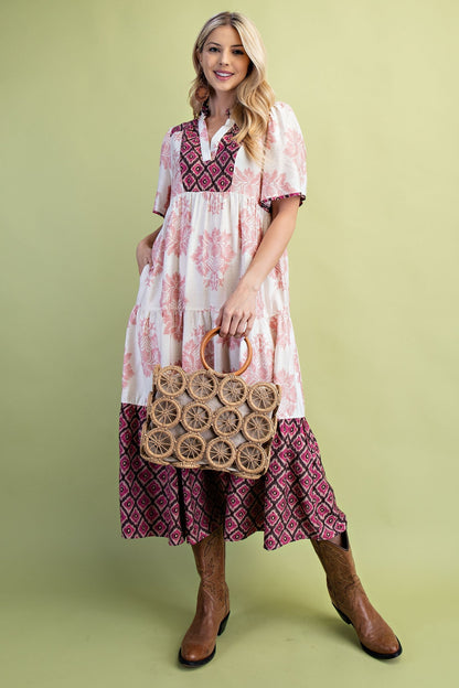 GiGio Mixed Print Tiered Midi Dress in Blush Mix