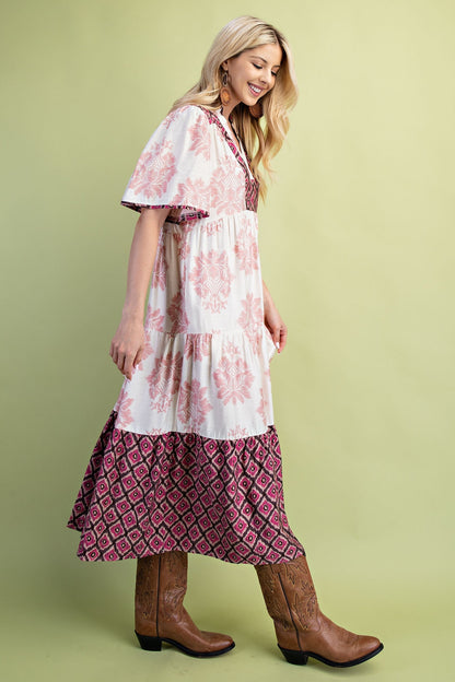 GiGio Mixed Print Tiered Midi Dress in Blush Mix