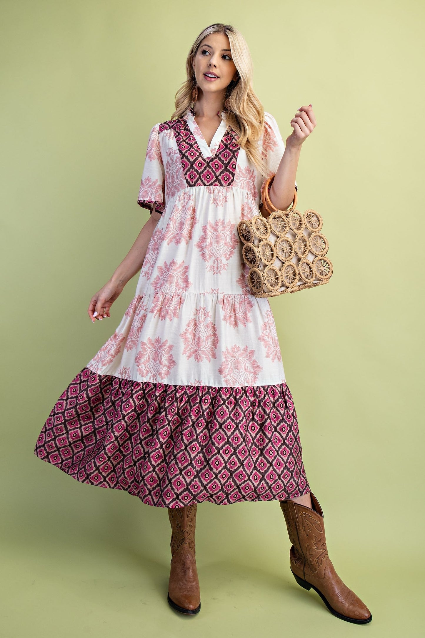 GiGio Mixed Print Tiered Midi Dress in Blush Mix
