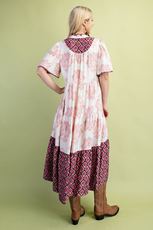 GiGio Mixed Print Tiered Midi Dress in Blush Mix