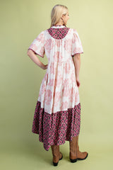 GiGio Mixed Print Tiered Midi Dress in Blush Mix