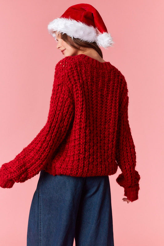 Peach Love Chunky Knit Cardigan in Red