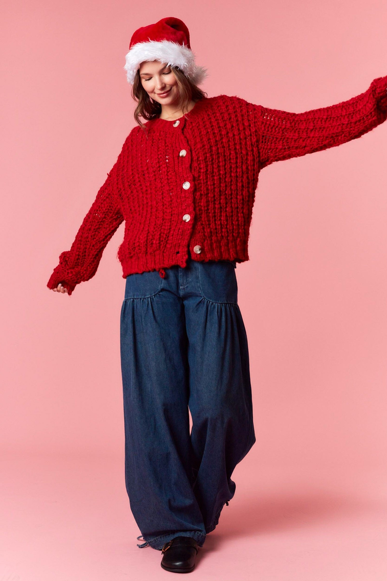 Peach Love Chunky Knit Cardigan in Red
