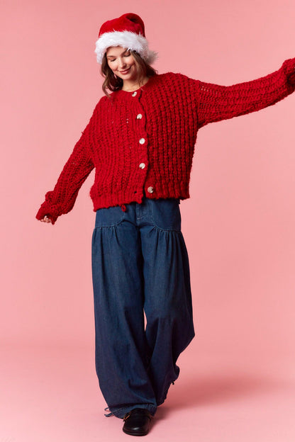 Peach Love Chunky Knit Cardigan in Red