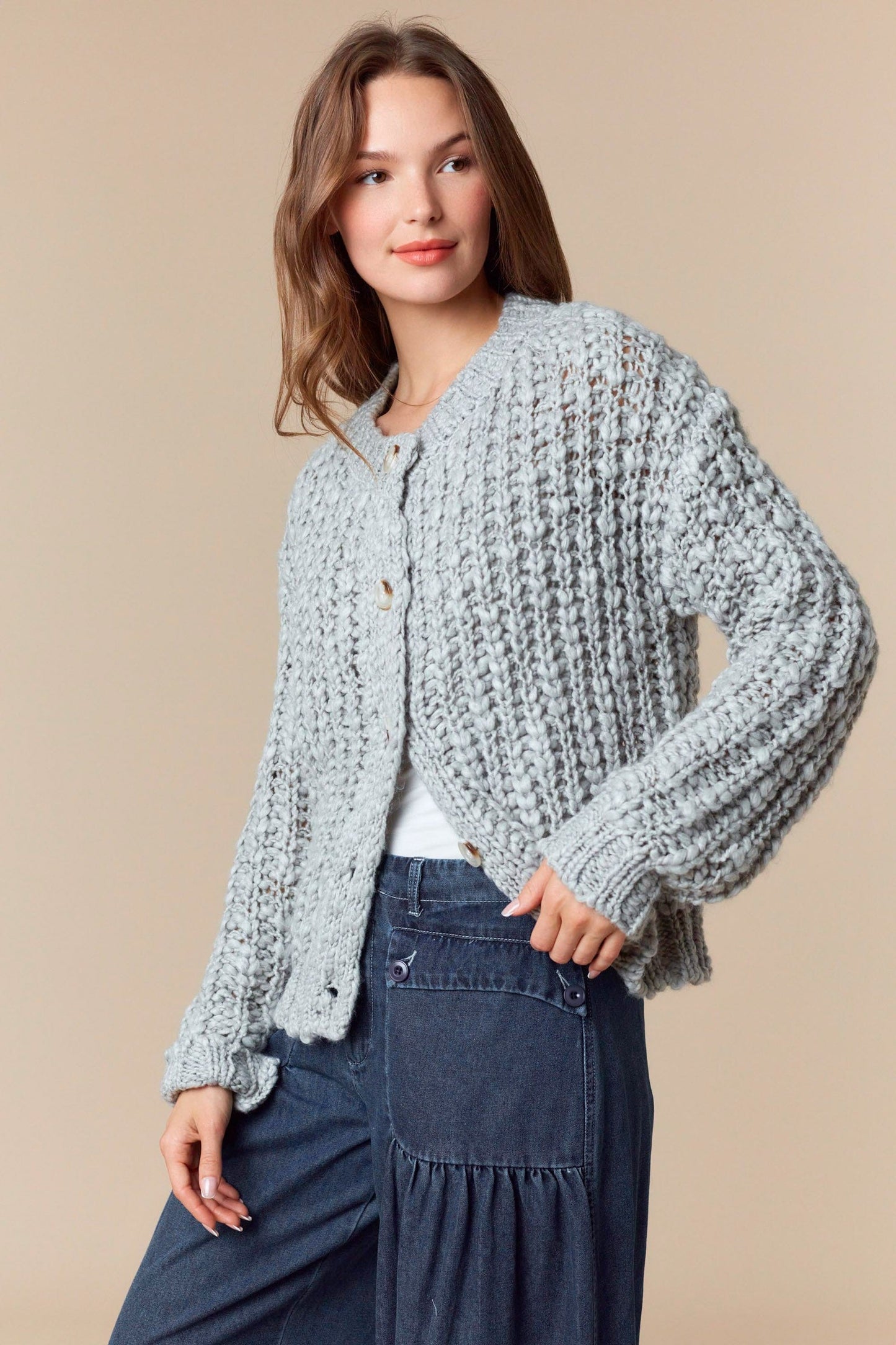Peach Love Chunky Knit Cardigan in Heather Grey