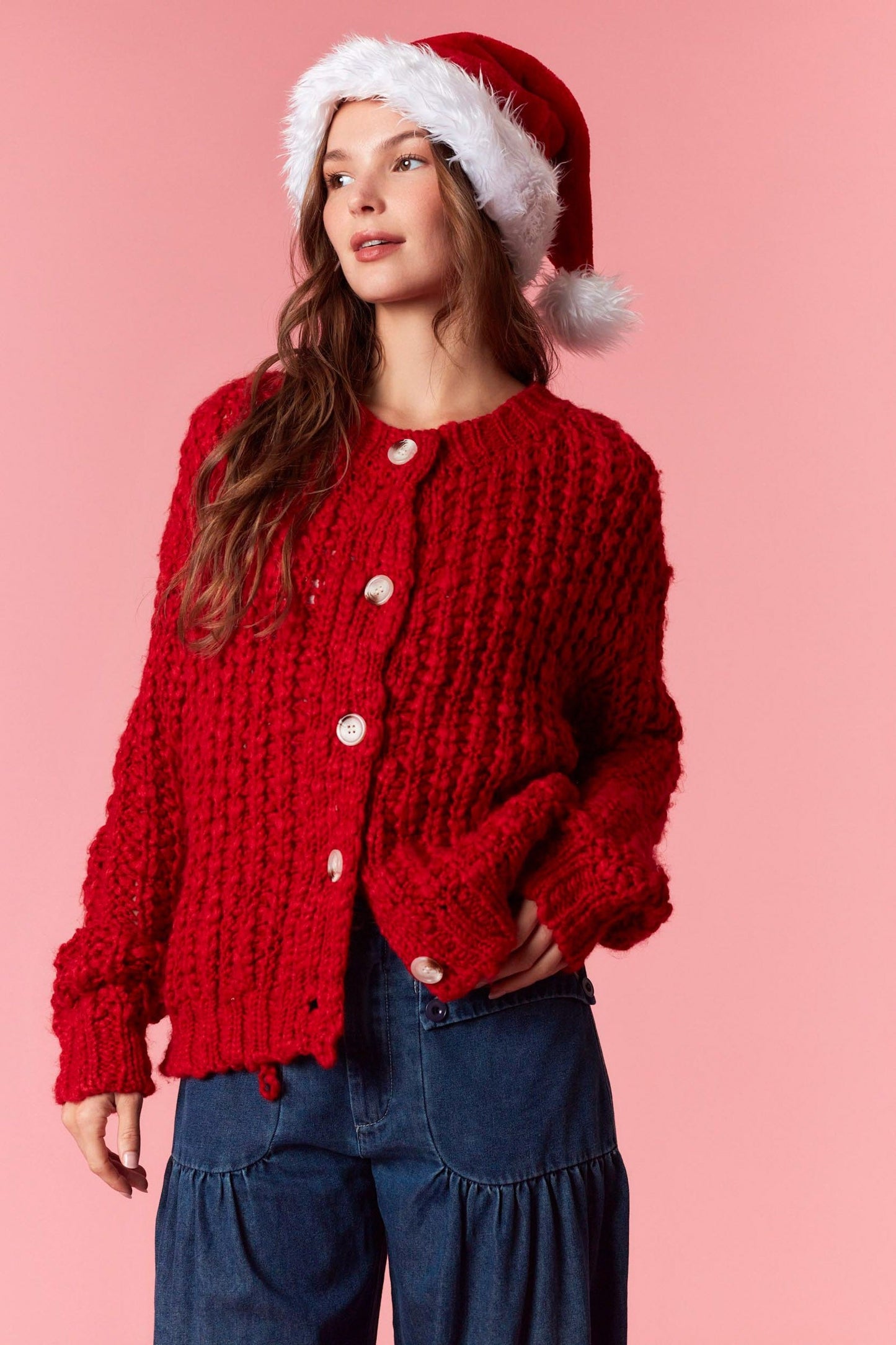 Peach Love Chunky Knit Cardigan in Red