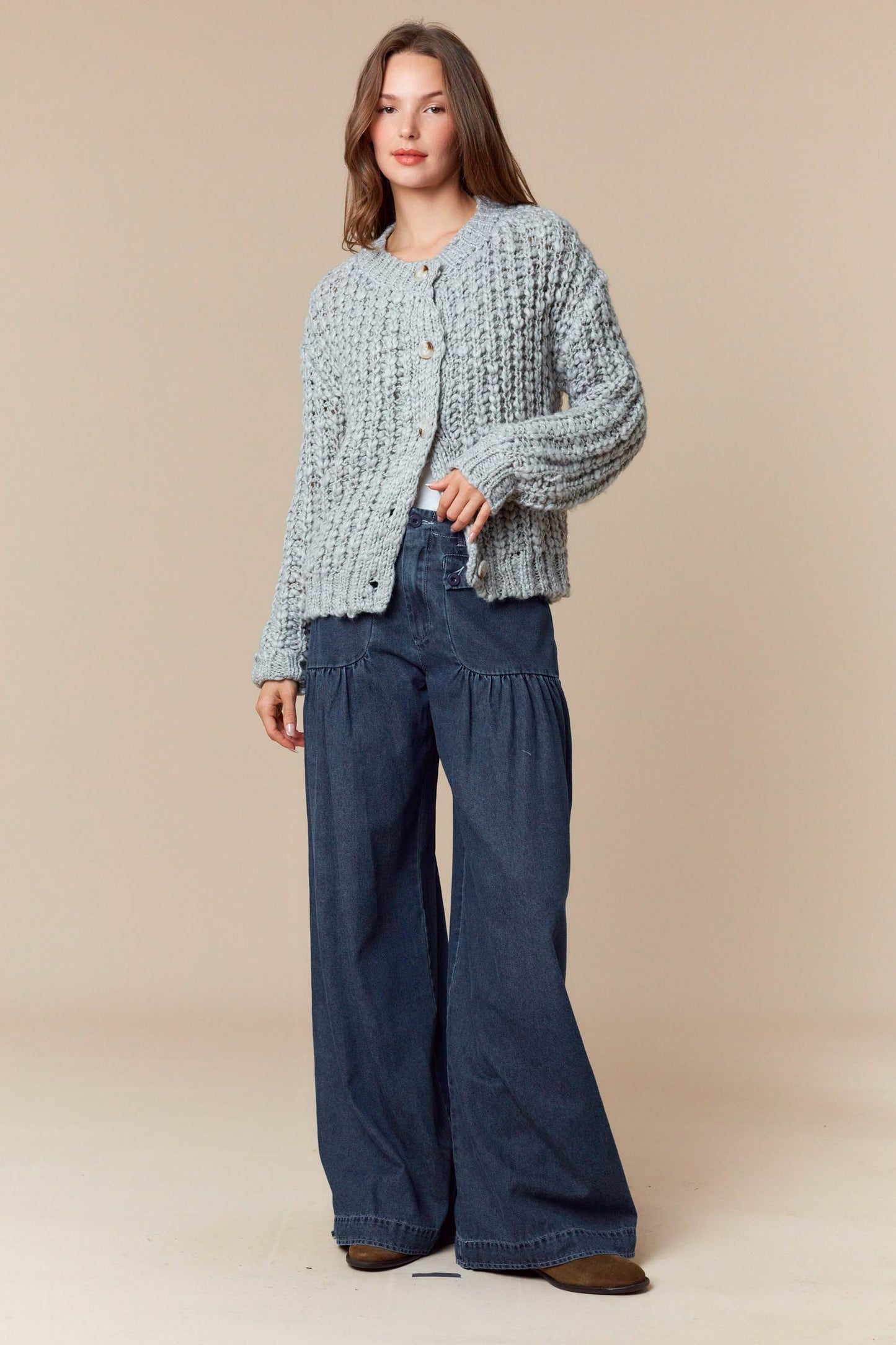 Peach Love Chunky Knit Cardigan in Heather Grey