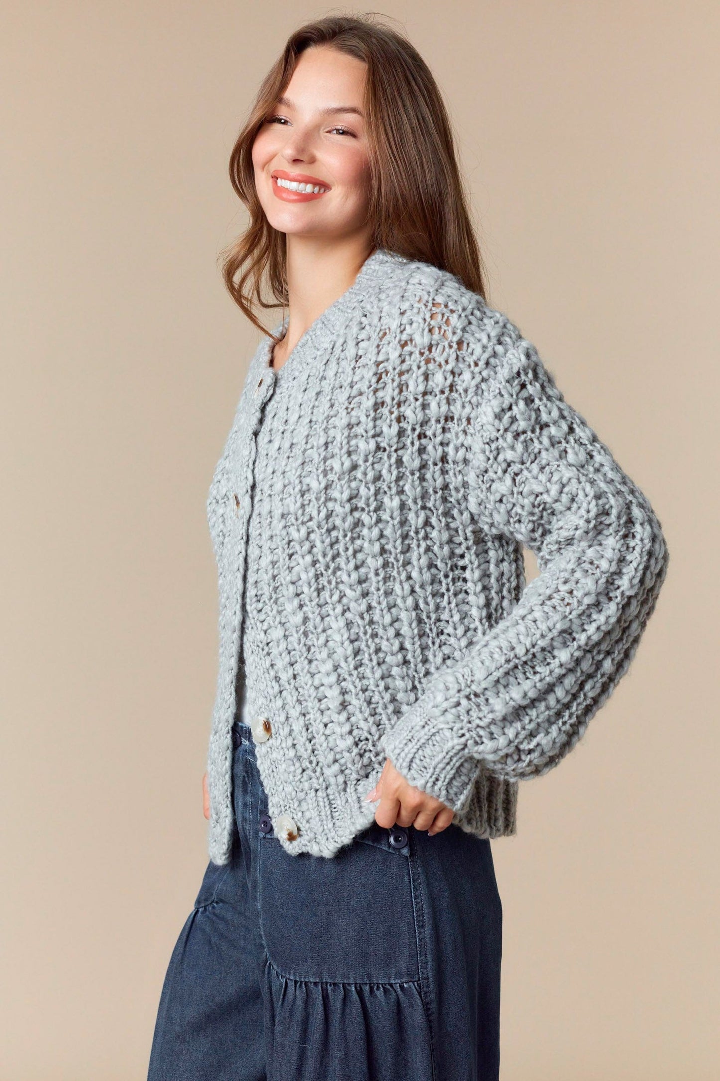 Peach Love Chunky Knit Cardigan in Heather Grey