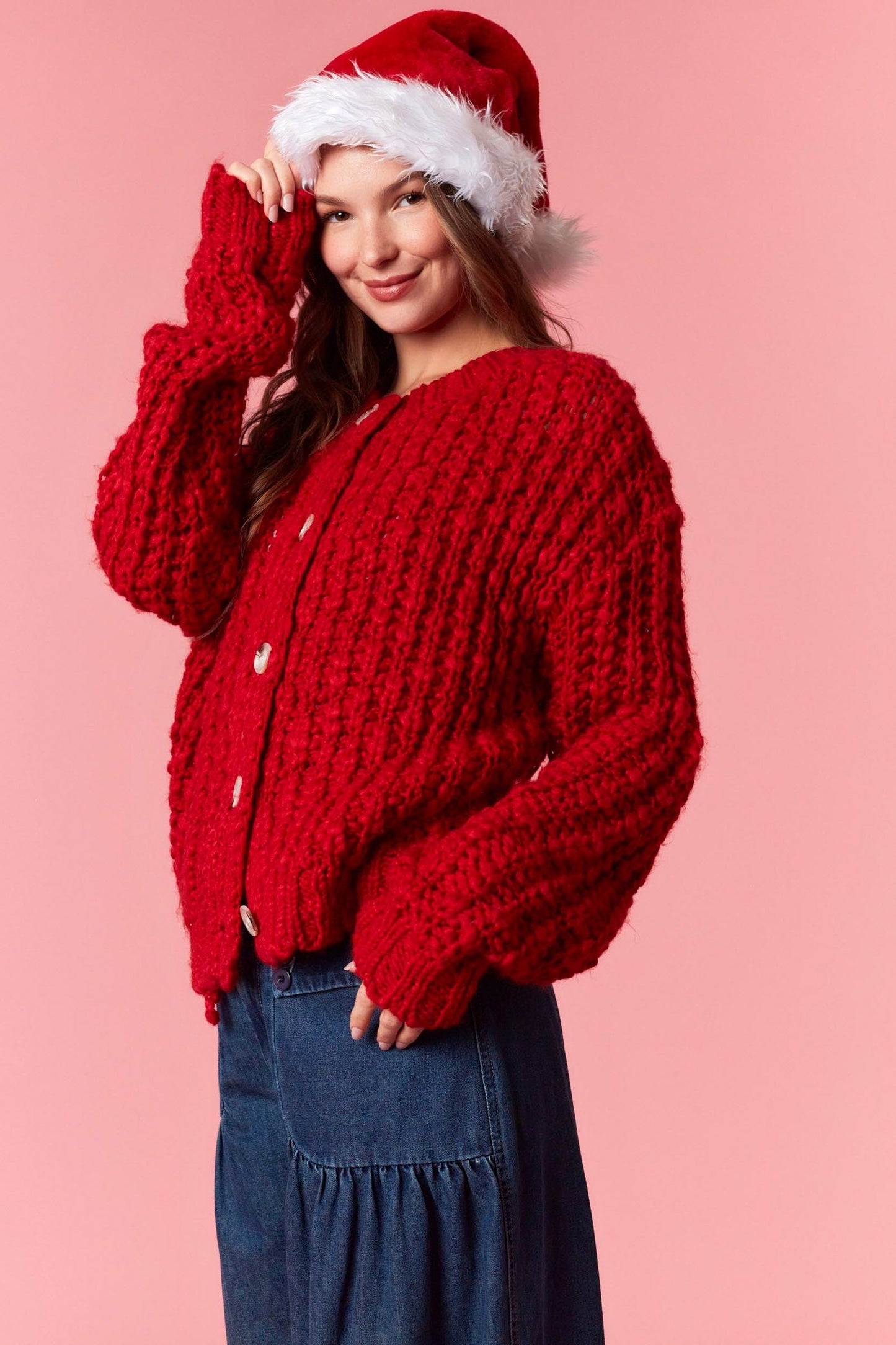 Peach Love Chunky Knit Cardigan in Red