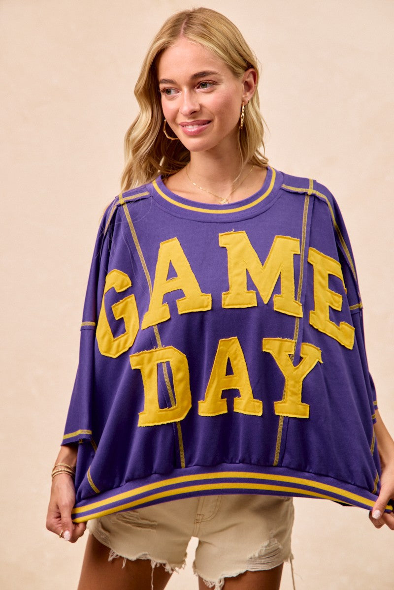 BiBi OVERSIZED French Terry Top with GAME DAY Letter Patchwork Front in Purple/Mustard