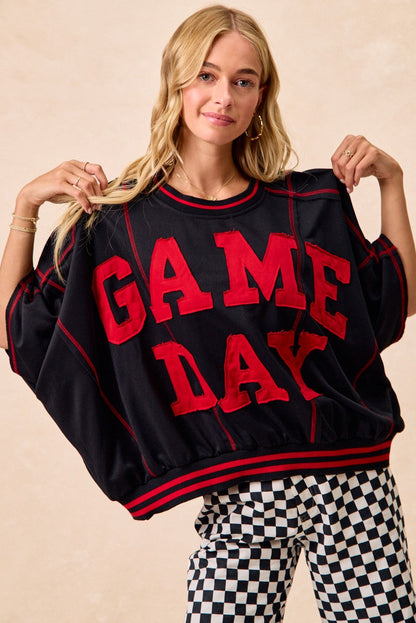 BiBi OVERSIZED French Terry Top with GAME DAY Letter Patchwork Front in Black/Red