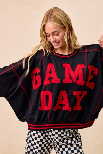 BiBi OVERSIZED French Terry Top with GAME DAY Letter Patchwork Front in Black/Red