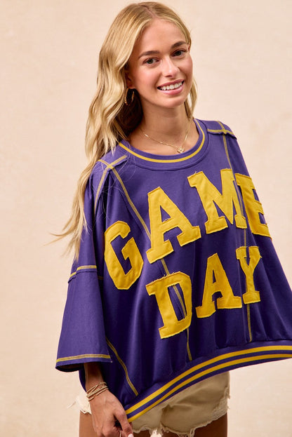 BiBi OVERSIZED French Terry Top with GAME DAY Letter Patchwork Front in Purple/Mustard