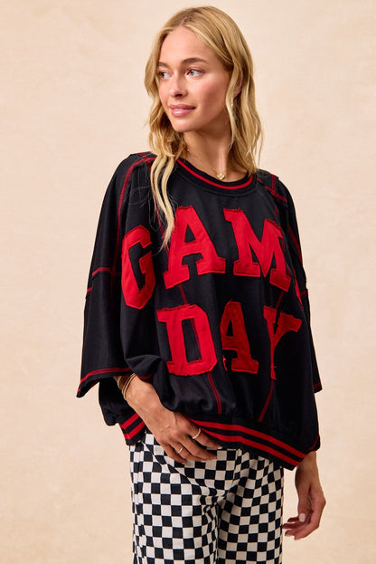 BiBi OVERSIZED French Terry Top with GAME DAY Letter Patchwork Front in Black/Red