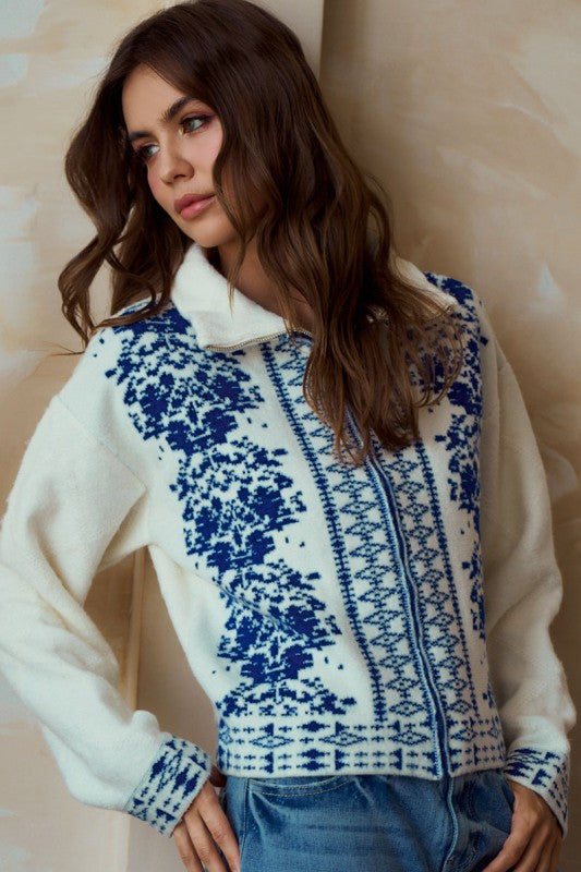 LovLov Solid Color Front Zip Cardigan With Contrasting Mix Prints in Ivory
