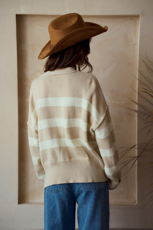 LovLov Contrasting Color Striped Knit Cardigan in Oatmeal/Ivory
