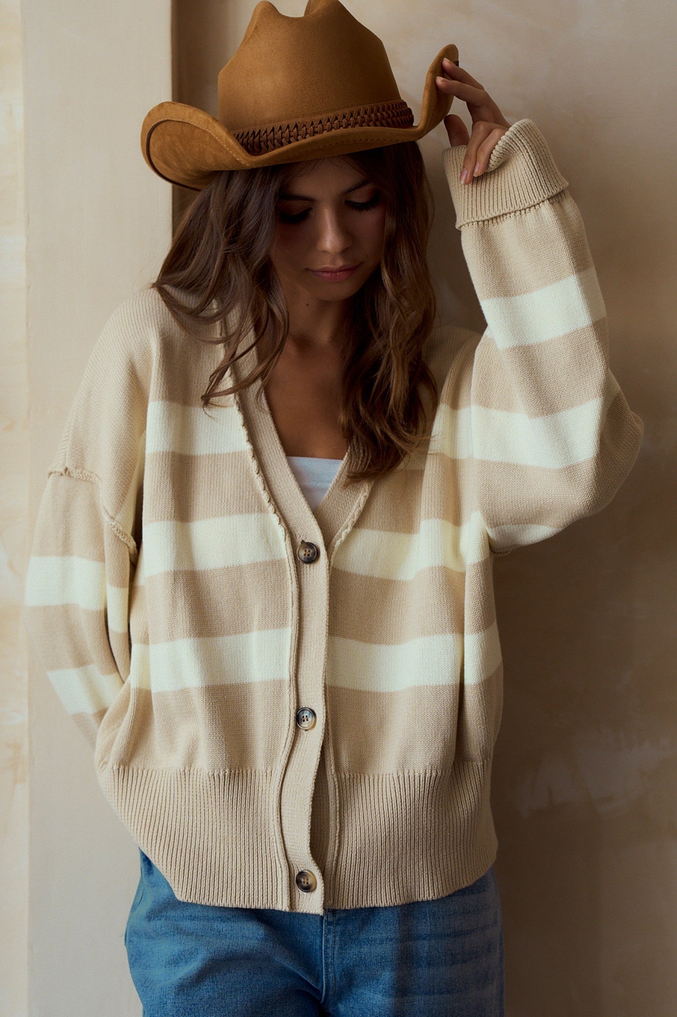 LovLov Contrasting Color Striped Knit Cardigan in Oatmeal/Ivory