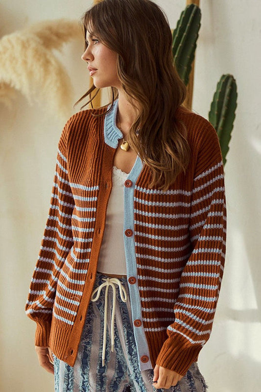 LovLov Striped Button Down Cardigan Sweater in Camel