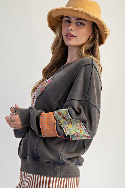 Easel Terry Knit Sweatshirt with Mix n Match Print Heart Patch in Ash