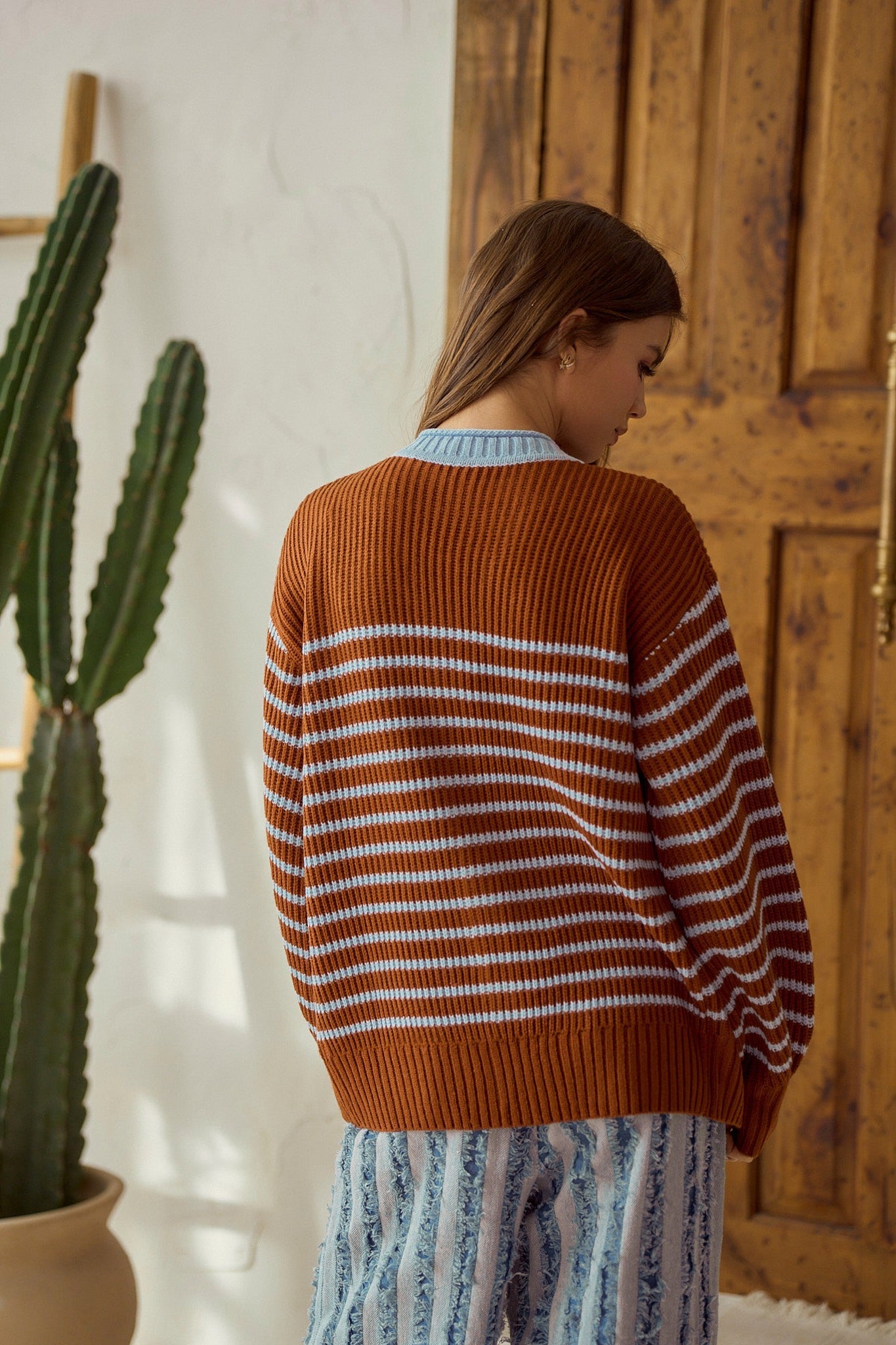LovLov Striped Button Down Cardigan Sweater in Camel