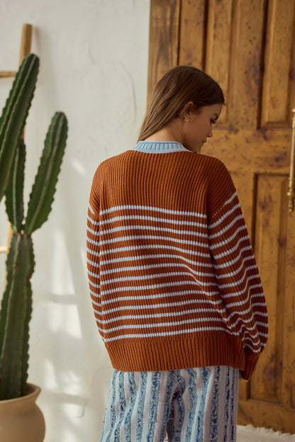 LovLov Striped Button Down Cardigan Sweater in Camel