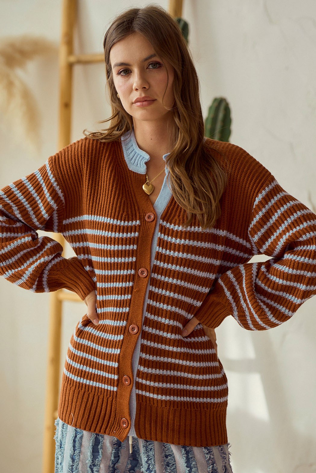 LovLov Striped Button Down Cardigan Sweater in Camel