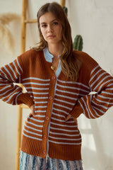 LovLov Striped Button Down Cardigan Sweater in Camel